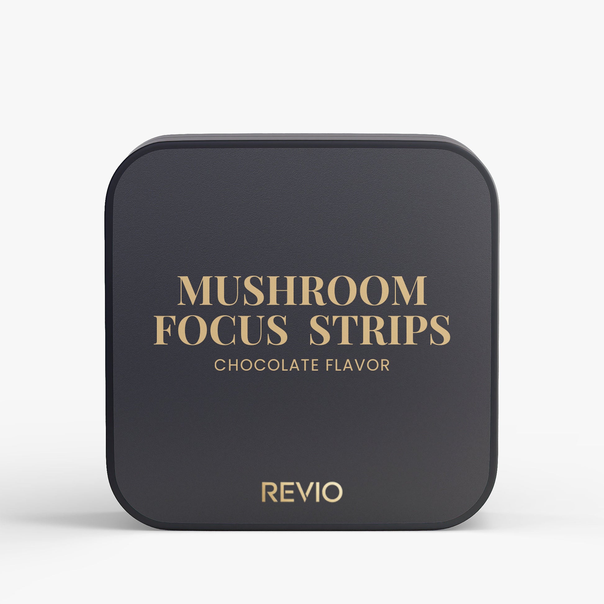 Black packaging of Revio Mushroom Focus Strips with gold text on a white background