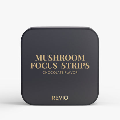 Black packaging of Revio Mushroom Focus Strips with gold text on a white background
