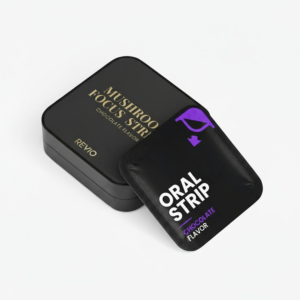 Black packaging of Mushiroo Focus Strip Oral Strip with visible branding on a light gray background.