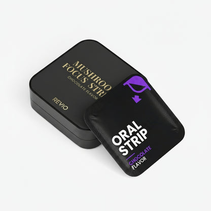 Black packaging of Mushiroo Focus Strip Oral Strip with visible branding on a light gray background.